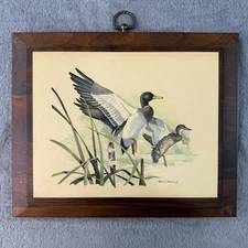 Vtg Leland Brewsbaugh Printed Artwork Mallards On Wood Plaque Cabin Lodge Duck