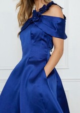 Alex evenings Blue Satin Off-Shoulder Midi A-Line Dress with Flower accent Sz 6