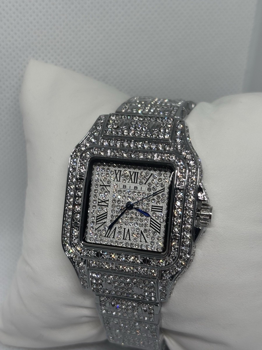 MENS Silver Tone Iced Out Square Watch Roman Dial Crystal Bezel
