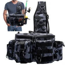 Fishing Tackle Bag Sling Shoulder Backpack with Rod & Gear Holder, Multi-func...
