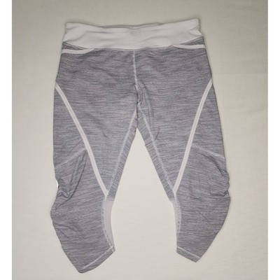 Lululemon Run Pace Gray White Striped Cropped Leggings Mesh Panel Pocket Womens