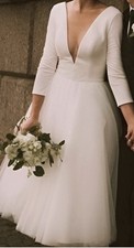 A-line 3/4 Sleeve Wedding Dress V-Neck Tea Length Civil Gown