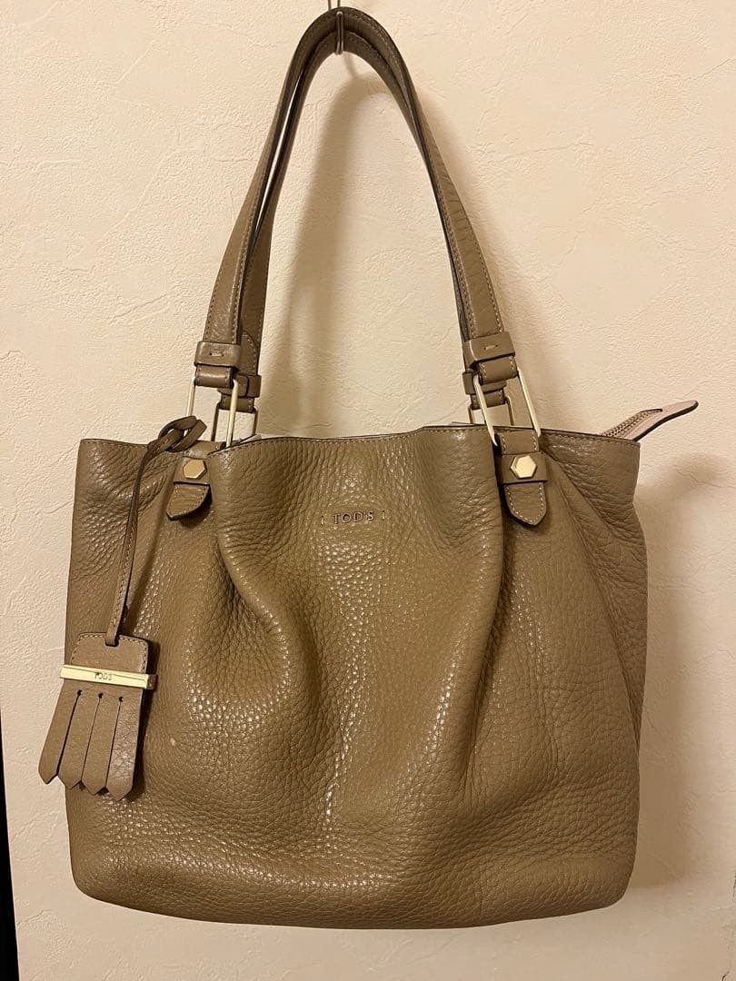 TOD'S Hand Bag Tote Purse Logo Beige Authentic