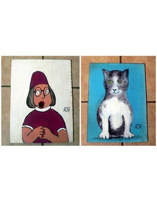 Richard Tindale signiertes zweiseitiges Gemälde auf Karton Meg Griffin Katze gelbe Augen