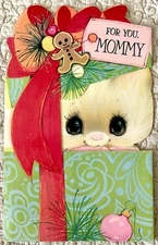 Unused Christmas Cat Kitten Green Present Big Eye Vtg Greeting Card 1960s 1970s