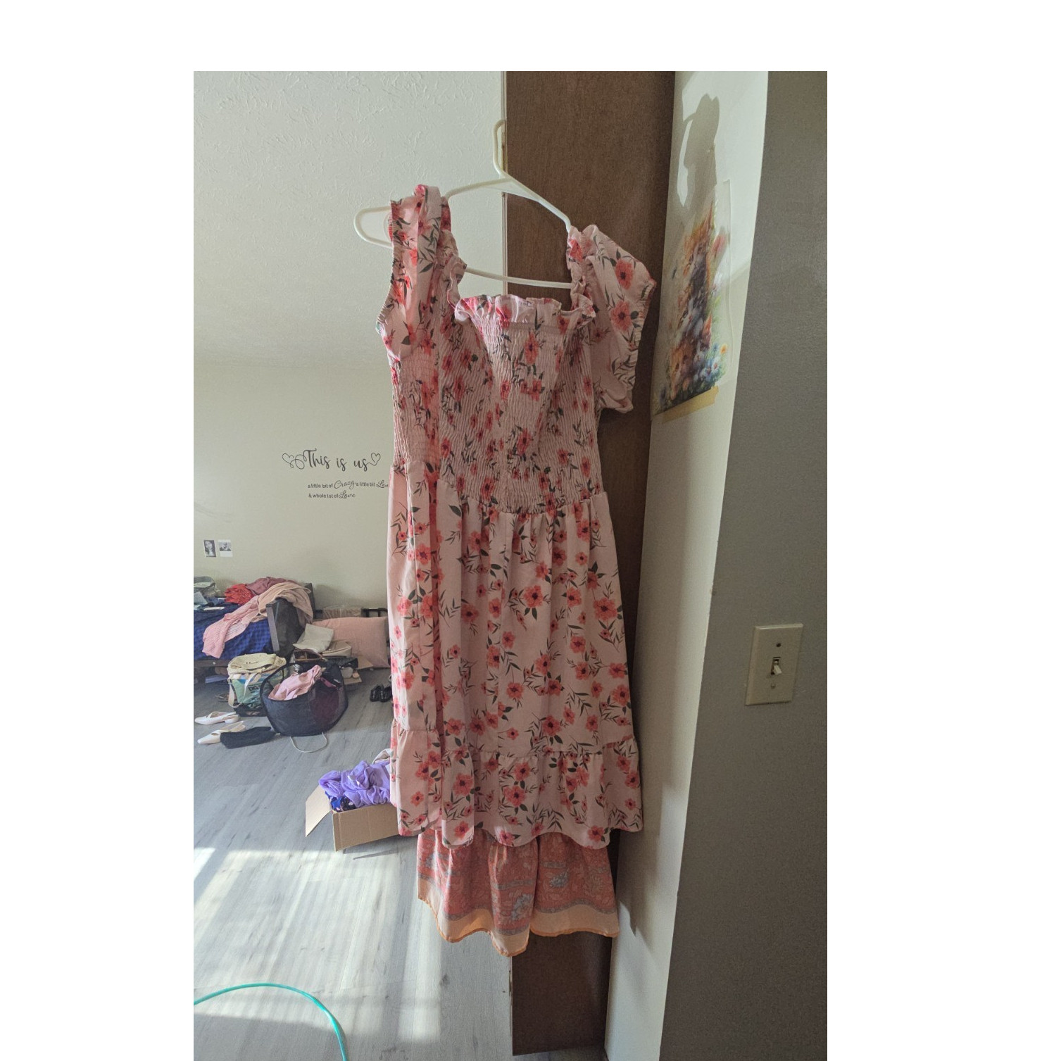 Women’s Pink Floral Square Neck Smocked A-Line Midi Dress Puff Sleeve M