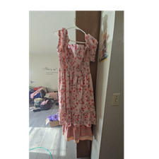 Women  s Pink Floral Square Neck Smocked A-Line Midi Dress Puff Sleeve M