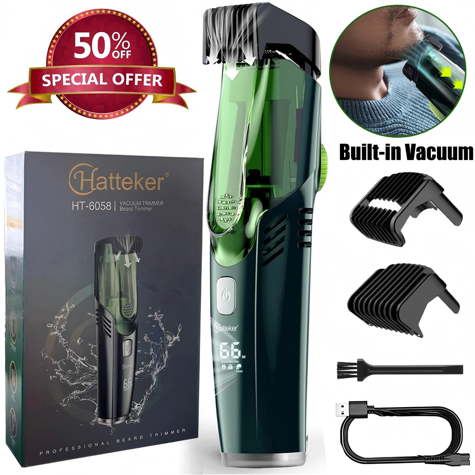 Hatteker Beard Trimmer Men Rechargeable Electric Shaver Built-in Vacuum Clipper