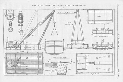 STETTIN Polen (Stettin) 40 Tonnen schwimmender Hafenkran 2 x antike Drucke 1885
