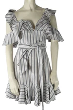 ZIMMERMANN Striped Twill Ruffle Cold Shoulder Belted Mini Flare Dress Size 0
