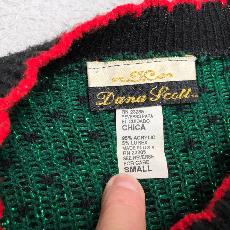 Suéter de Natal Feminino S Preto Vermelho Poinsétia Bow Knit Vintage Dana Scott - Imagem 3 de 4