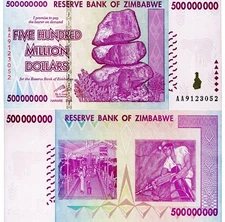 ZIMBABWE P-82 $500 MILLION BILL ($500,000,000) 2008 AU-UNC $100 TRILLION SERIES!