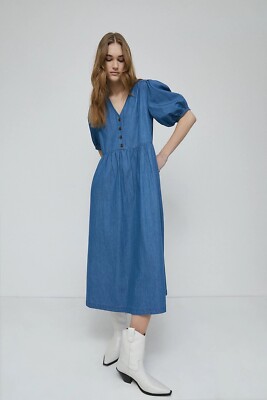 Warehouse Denim Button Front Puff Sleeve Midi Dress size 16 £79 UK