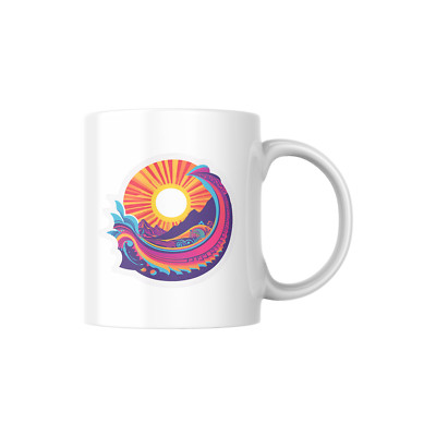 Psychedelic mug | Colourful sun, waves and mountains