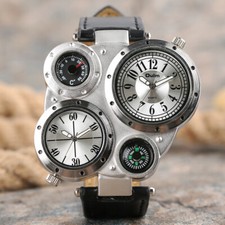 Oulm Military Watch Mens Sport Two Time Zone Leather Band Steampunk Wrist Watch