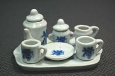 9PC Porcelain Mini Dollhouse White Blue Tea Set