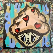 Ghostgrl Graffiti Art ORIGINAL Street Pop 4x4 PAINTING USA Heart Ice Cream  👻