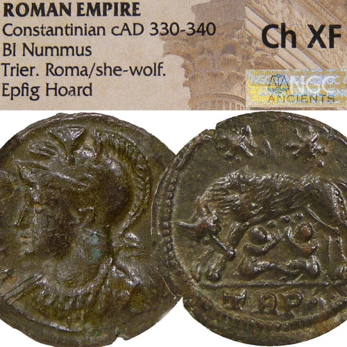 SHE WOLF suckling Twins Epfig Hoard Unlisted NGC Choice XF Constantine the Great