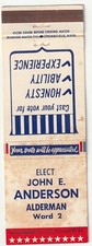 MATCHBOOK COVER - ELECT JOHN E. ANDERSON ALDERMAN WARD 2 - MASSACHUSETTS