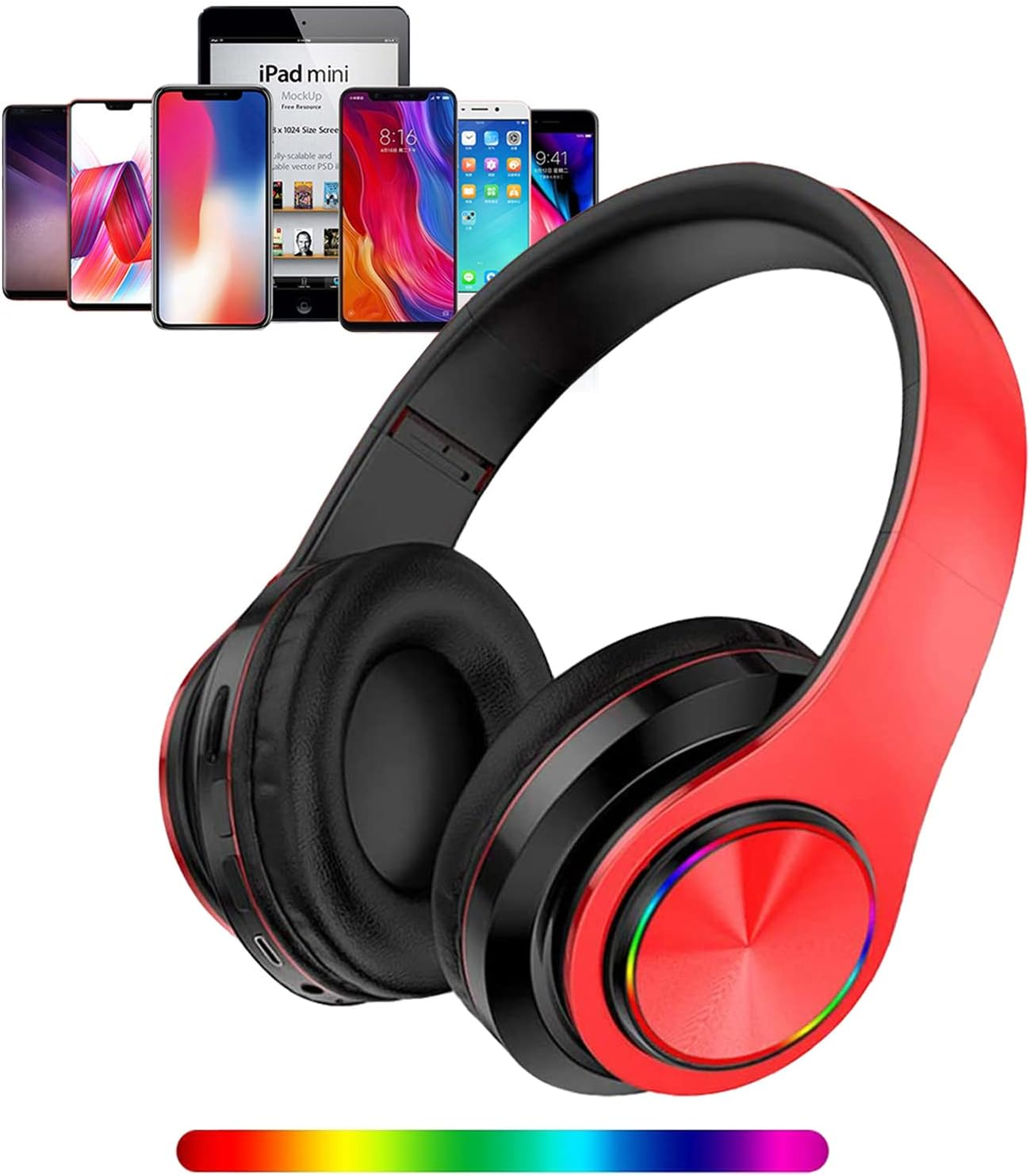 Wireless Bluetooth Headphones with Colorful LED Lights, Built-In Mic, Light Weig