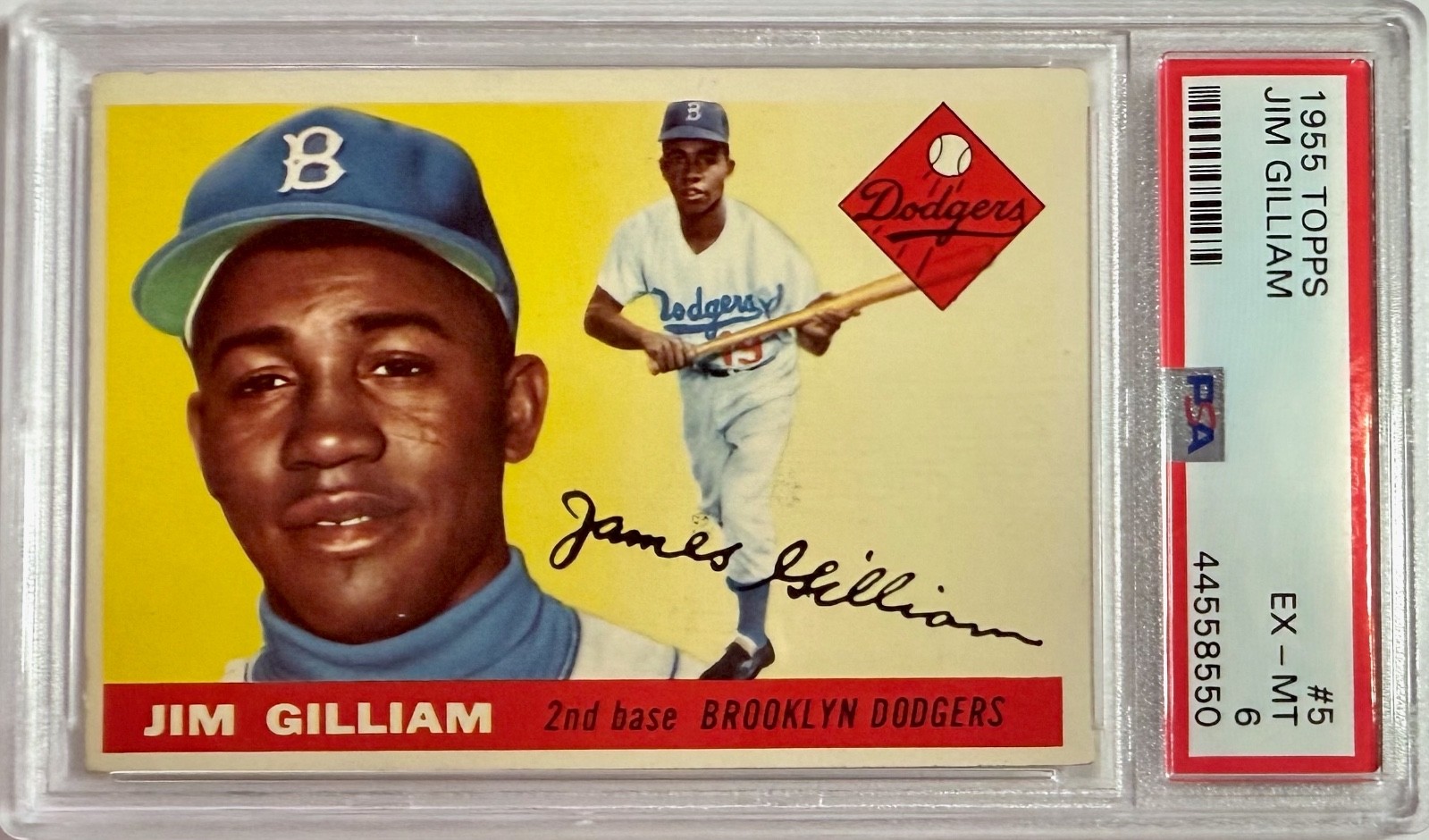 1955 TOPPS CARD #5 JUNIOR JIM GILLIAM PSA 6 EXMT DODGERS CRISP CENTERED! BV $120
