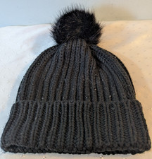 Knit Beanie Hat-Black with Faux Fur Pom Pom and Beaded sparkle Accents for Women