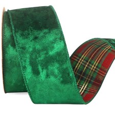 Green Crushed Velvet Wired Ribbon Tartan Reversible 2.5 Inch x 10 Yards