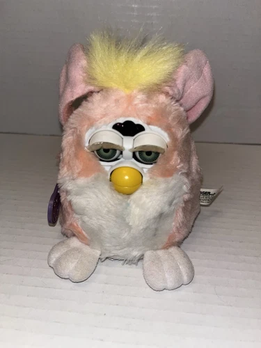 Vintage 1999 Original Pink White Peachey Furby Babies Yellow Hair, WORKING