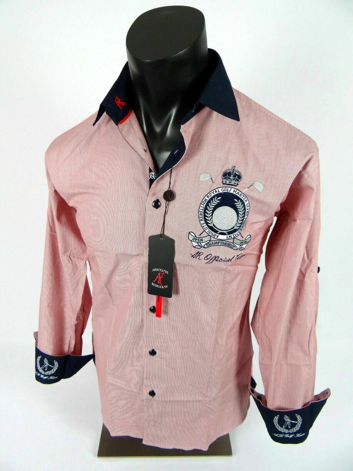 Mens Shirt Red Pinstripe Embroidered Button Up Golf Master Absolute Rebellion