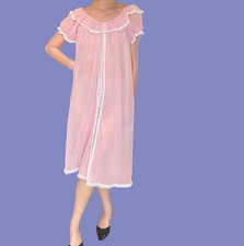 Vintage Mod Baby Pink Nightgown with Puff Sleeves and Lace Trim Nighty Babydoll