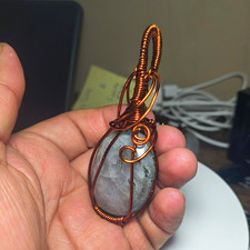 Handcrafted Copper Wire Wrapped Gray Oval Stone Pendant Charm, Nature Theme