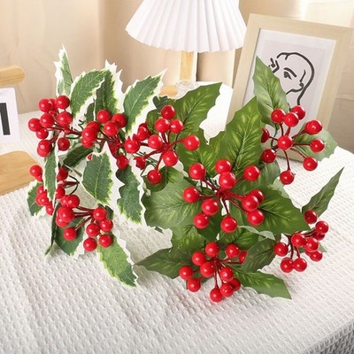 5 künstliche Stechpalmenzweige mit roten Beeren Naturstil Weihnachtsdeko