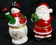 Set of 2 Limoge Trinket Boxes - Santa Claus and Snowman