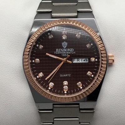 Binbond Mens Watch 40mm Brown Dial Silver Rose Gold Two Tone Date New Battery 8''