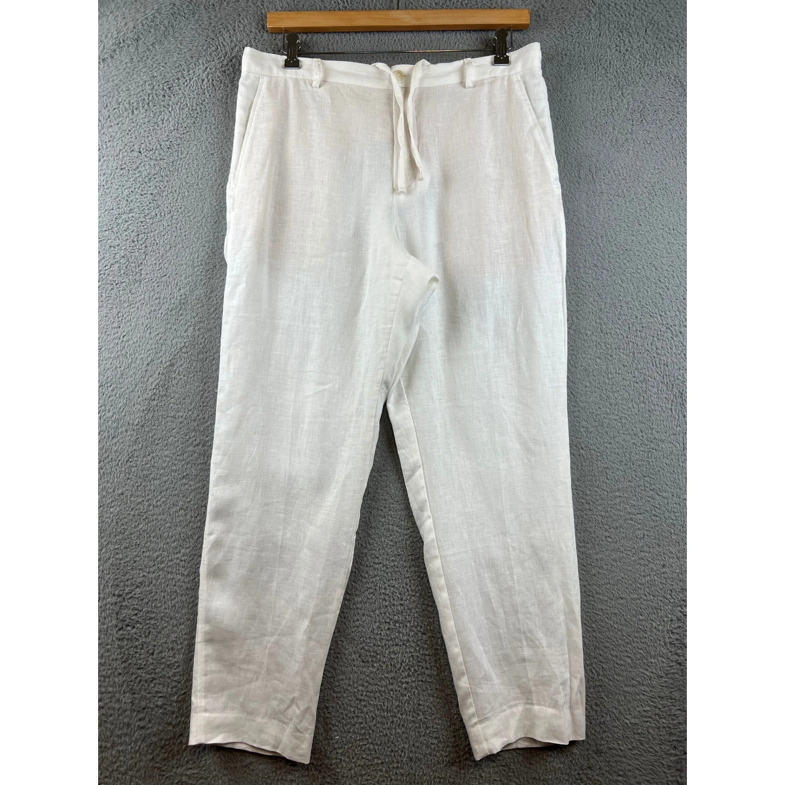 Zara Mens 100% Linen White Drawstring Waist Straight Leg Trousers XL