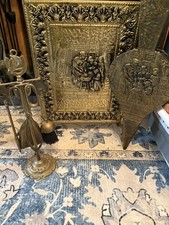 ANTIQUE VINTAGE BRASS FIRE SCREEN BELLOWS AND BRASS COMPANION SET   3 PIECES GC