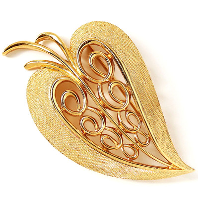 Große MONET Vintage Designer Brosche signiert Blatt Blattform vergoldet 7 x 4 cm