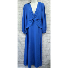 Boohoo Maxi Dress Cobalt Blue Knot Front Size 10 Balloon Sleeve V-Neck Boho BNWT