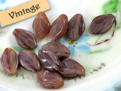 Vintage Leaf Beads Leaves Czech Glass Pressed Rare Drops Brown Marble #1103A 