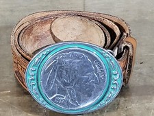 VINTAGE COWHIDE BELT INDIAN HEAD NICKEL BELT BUCKLE SISKIYOU PEWTER NICE PIECE 