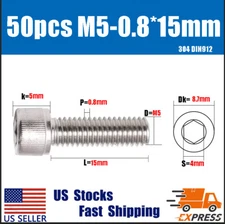 50PCS New M5X 15mm 304 Stainless Steel Allen Hex Socket Cap Head Screws DIN912