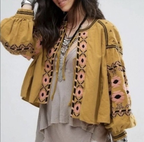 Anthropologie RD & Koko Embroidered Boho Tie Front Blouse Petite S