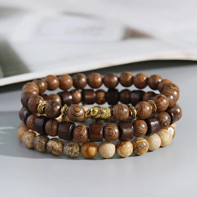 3Pcs Natural Wooden Beaded Bracelets Set Jewelry Gifts for Men Women - Image 1 of 4