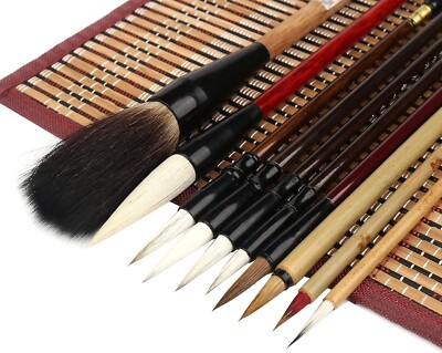 10-Piece Chinese Calligraphy Brush Set with Water Writing Cloth & Roll-Up Holder