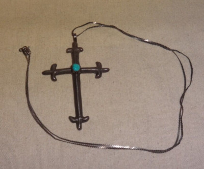 Large Native American Sterling Silver & Turquoise Cross Pendant