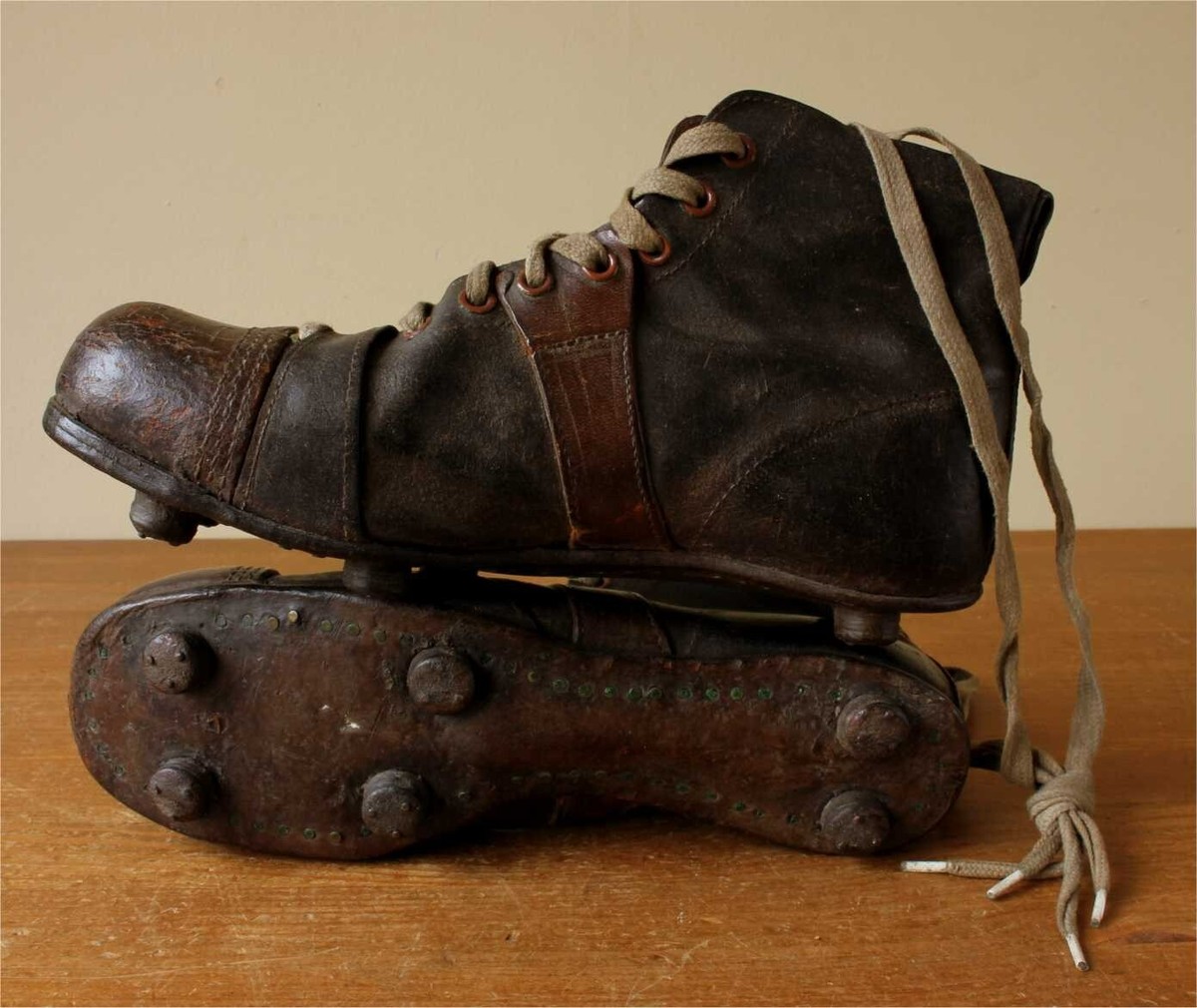 Vintage Leather Football Boots. Antique Soccer Shoes with Nailed