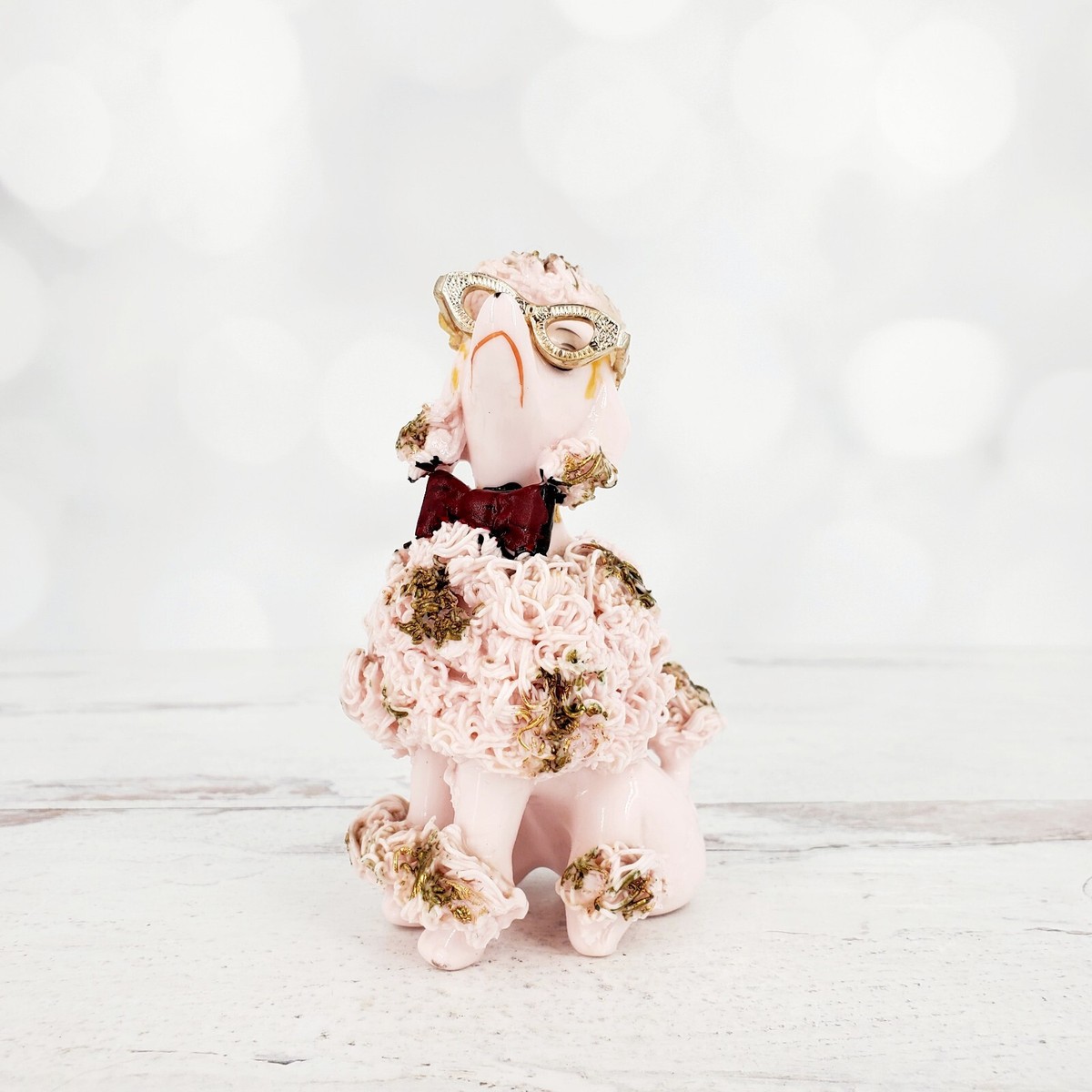 Vintage Napco Pink Spaghetti Poodle with Metal Glasses Ceramic