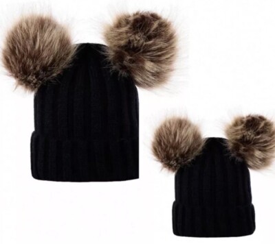 Parent-child Hats Black Winter Threaded Baby Hats Double Pom Pom Knitted Hats