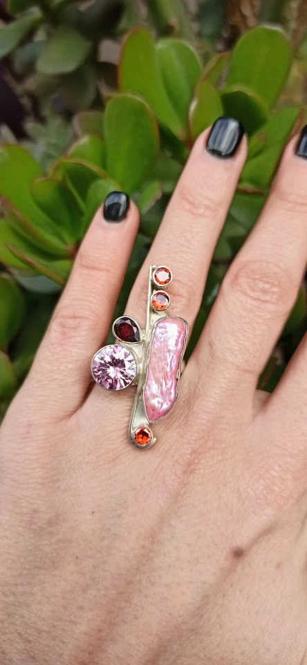 ANELLO DONNA ARGENTO 925 PERLA GRANATO ZIRCONIA CUBICA SILVER MISURA 15 A121 - Immagine 2 di 4