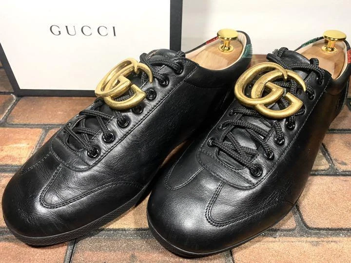 GUCCI Leather Sneaker Shoes Size 8 Black Authentic Men Used from Japan